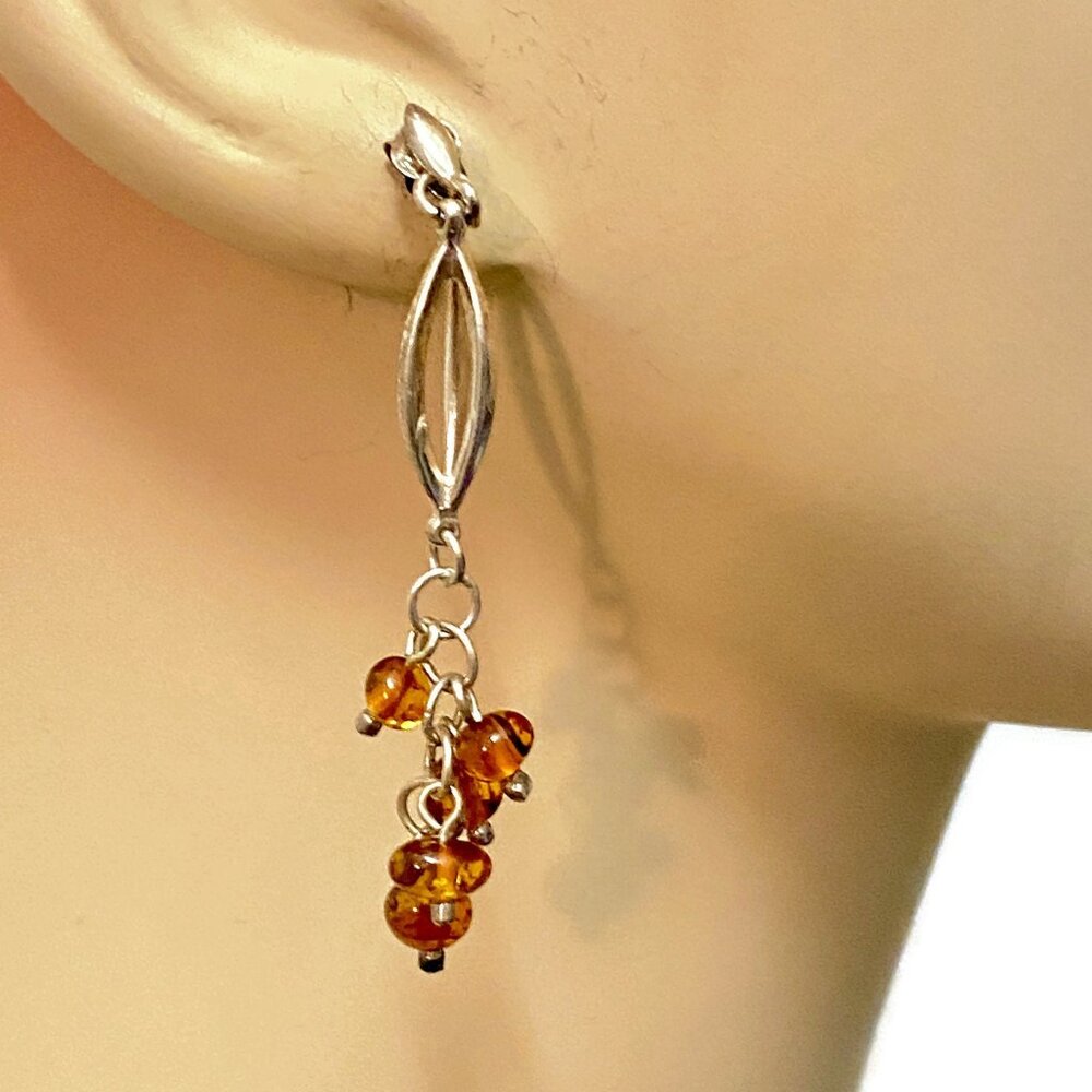 Vintage Honey Amber Sterling Silver Dangle Earrings: Boho Contemporary